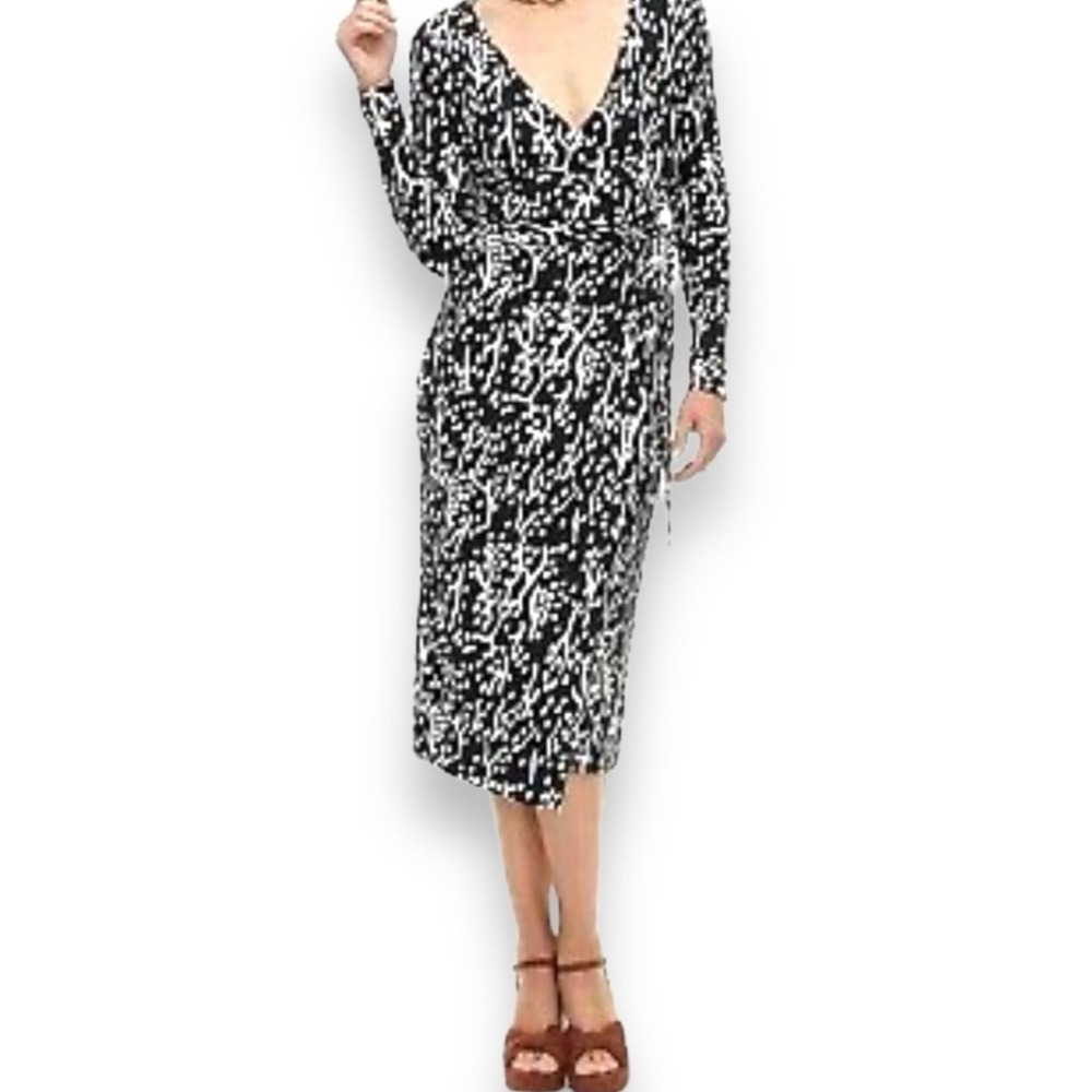 Diane Von Furstenburg (DVF) Target Wrap Dress Black‎ White Print Midi Size XXS